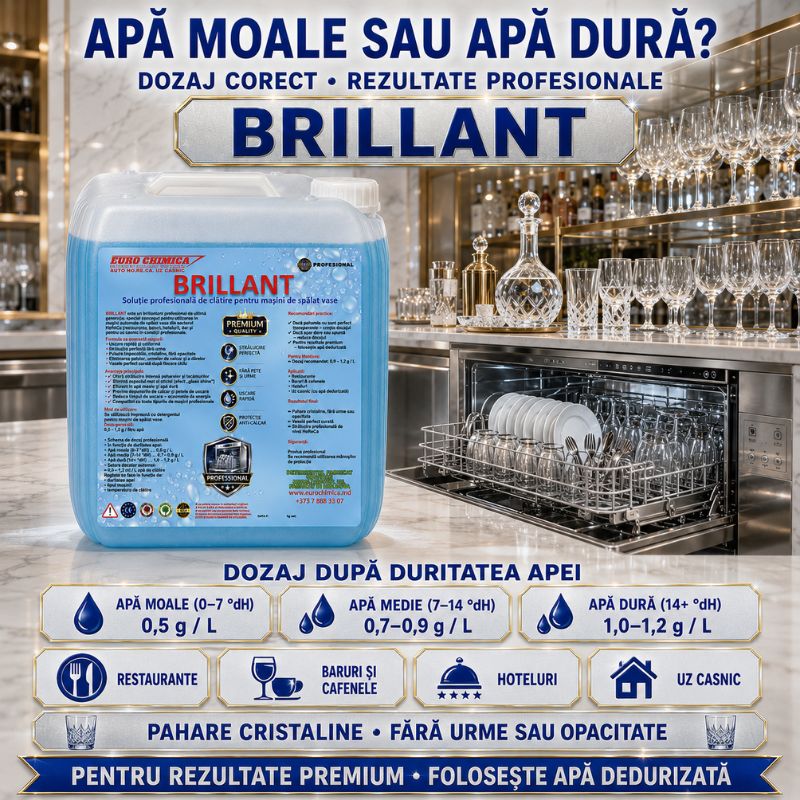 Clătitor premium pentru mașini de spălat vase. Strălucire perfectă fără urme, efect anti-calcar. Ideal pentru HoReCa și utilizare profesională.